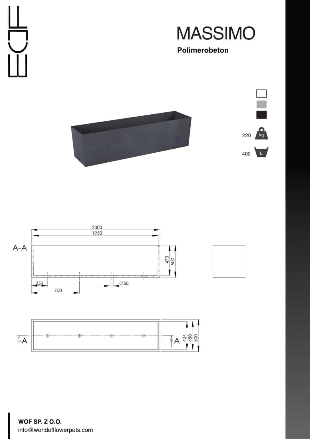 Produktblatt für Großer Beton Pflanzkübel Rechteckig 200x50x50 cm MASSIMO (weiß, grau, schwarz) mit 3D-Abbildung, technischen Zeichnungen, Maßbildern und Kontaktinformationen - perfekt für die Präsentation großer rechteckiger Betonpflanzkübel.