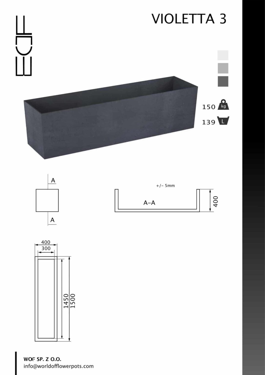 Große Pflanzkübel Beton Rechteckig Violetta 3-tech-info
