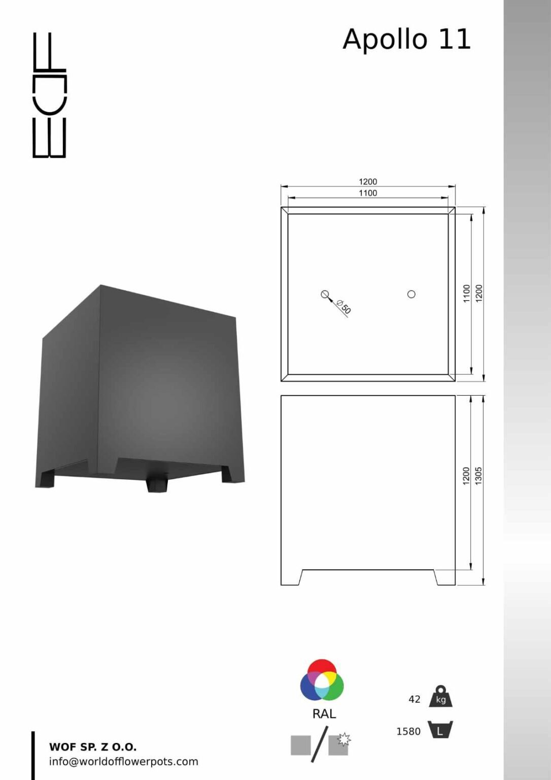 Pflanzkübel Aluminium Groß Apollo 11 -tech info