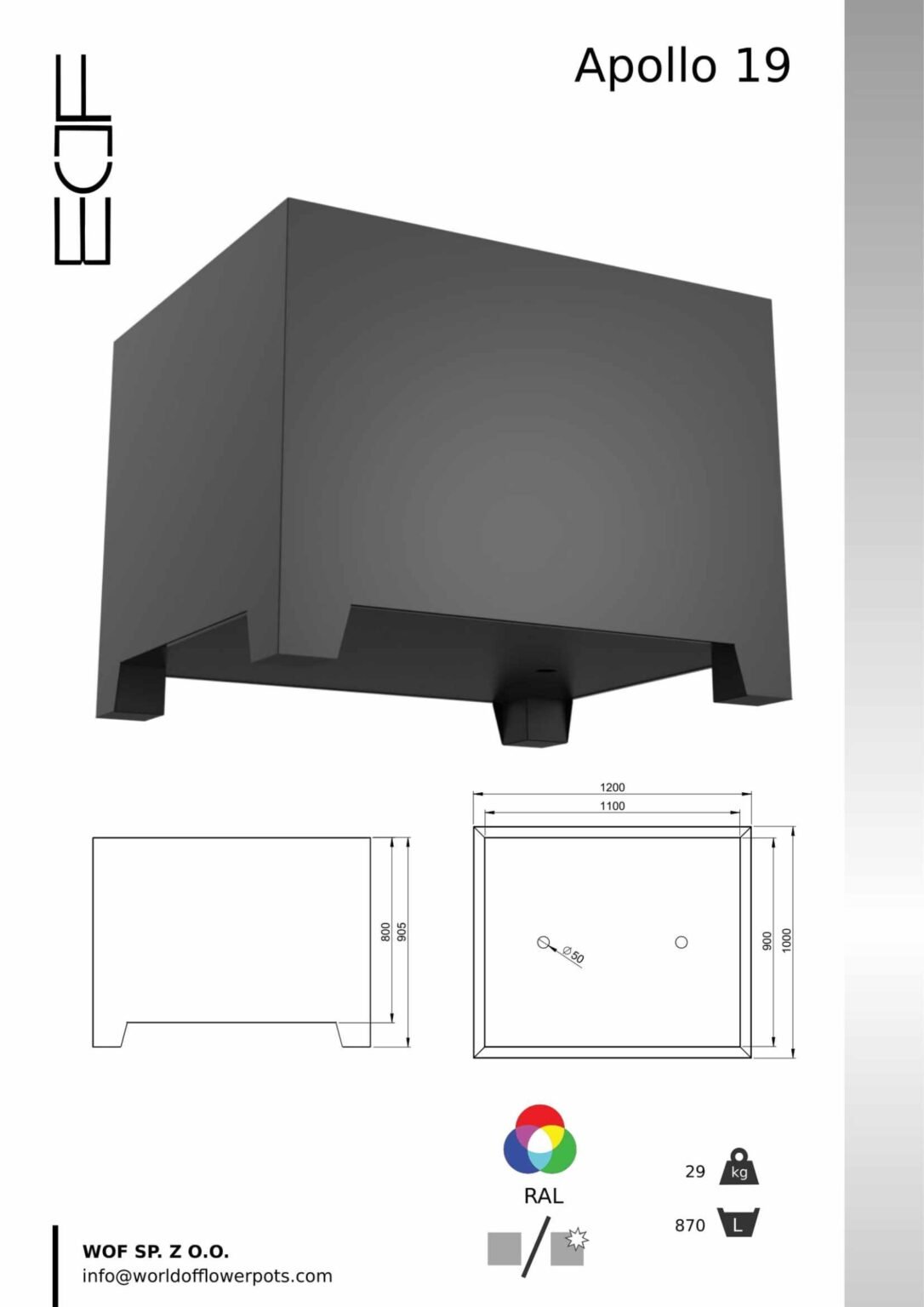 Pflanzkübel Aluminium Groß- Apollo 19 tech-info