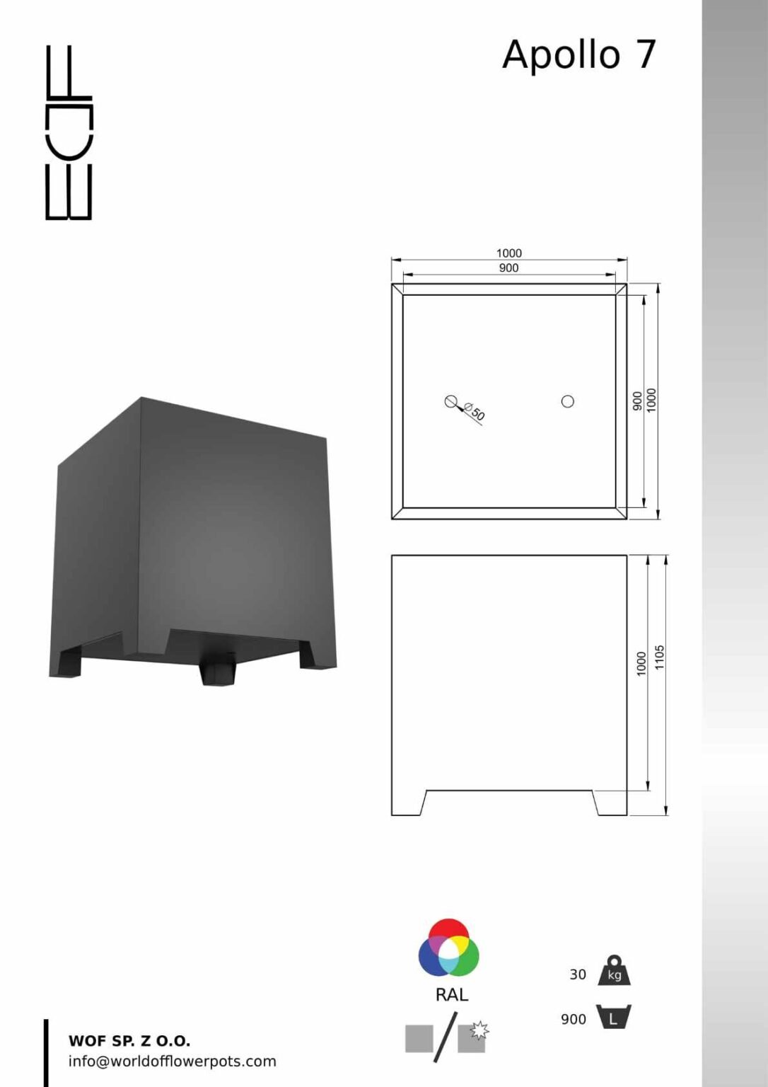 Pflanzkübel Aluminium Groß Apollo 7 tech-info