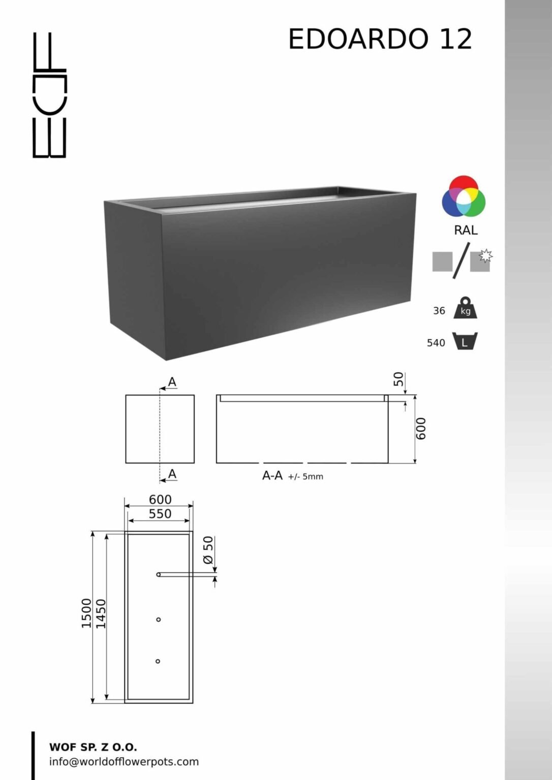Pflanzkübel Aluminium Groß Edoardo 12 tech-info