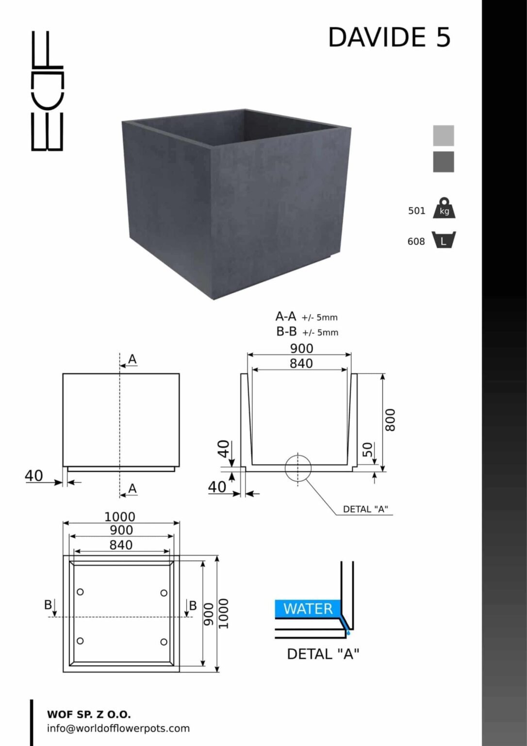 Pflanzkübel Beton Groß Quadratisch Davide 5-tech-info