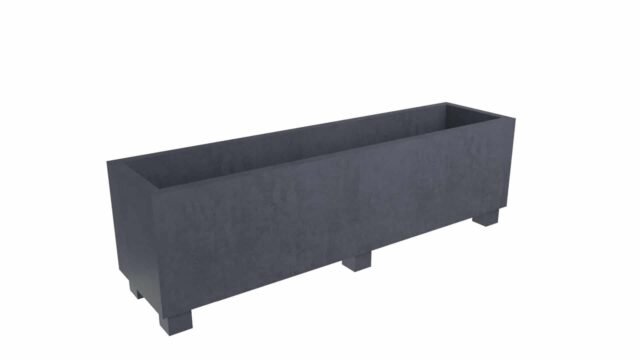 Der Beton Pflanzkübel Rechteckig FRANCESCO 10 (200cm x 50cm x H 50cm), erhältlich in Grau oder Schwarz, hat ein glattes, rechteckiges Design mit geraden Kanten, vier blockartigen Füßen und ist leer auf einem schlichten weißen Hintergrund abgebildet.