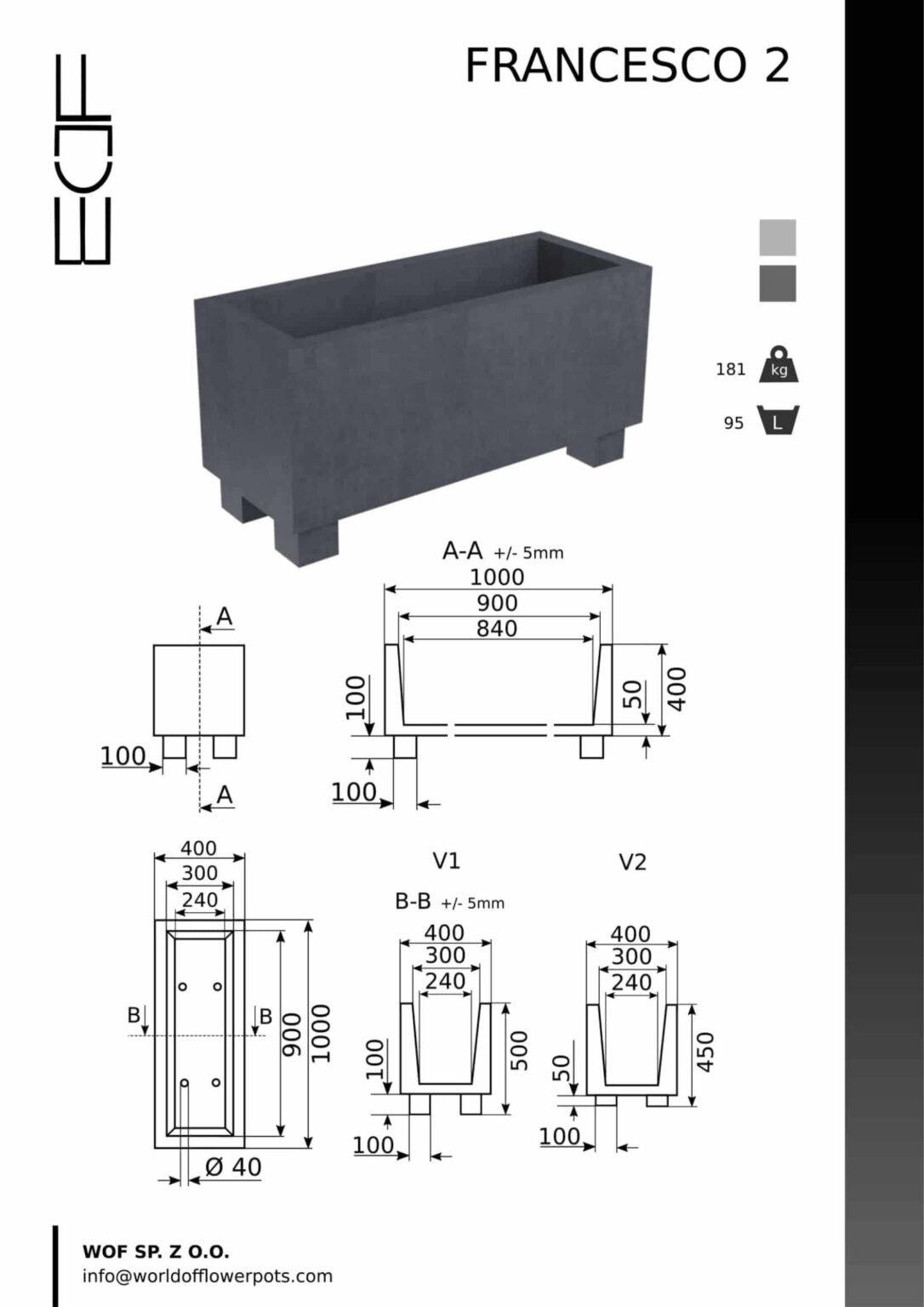 Beton Pflanzkübel Rechteckig -Francesco 2-tech-info
