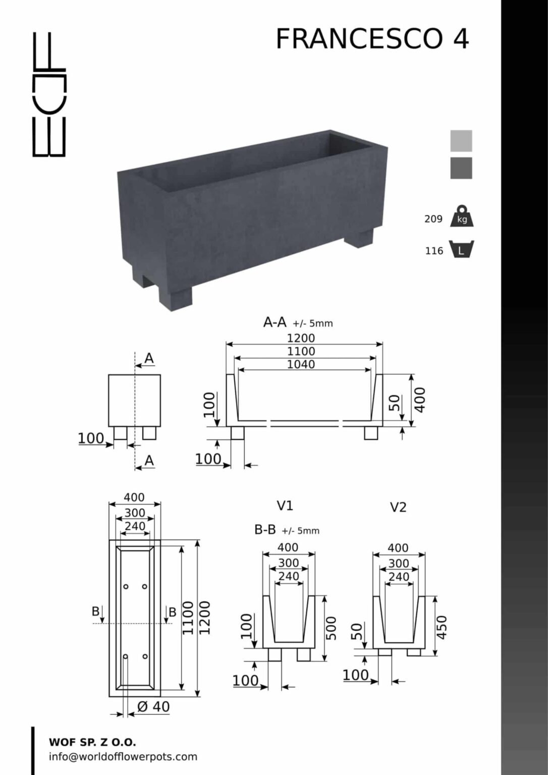 Beton Pflanzkübel Rechteckig-Francesco 4-tech-info