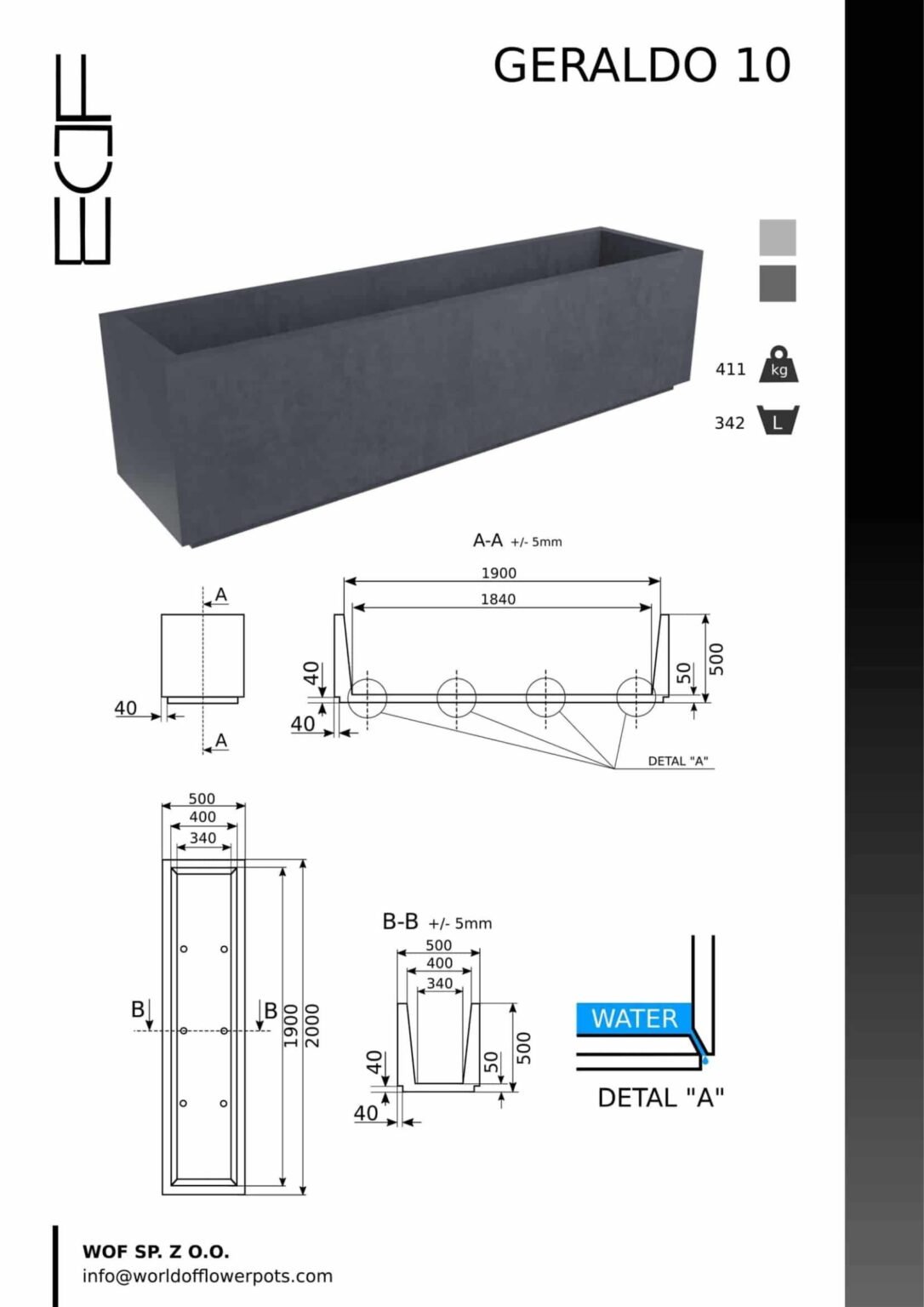 Beton Pflanzkübel Rechteckig GERALDO 10-tech-info