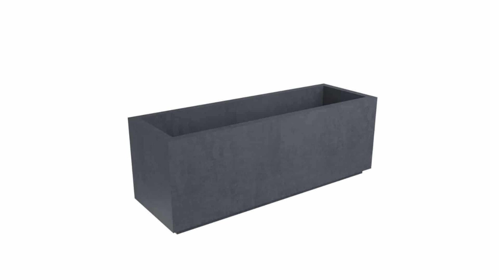 Beton Pflanzkübel Rechteckig GERALDO 7 Ein großer, rechteckiger Beton Pflanzkübel Rechteckig 150cm x 50cm x H 50cm GERALDO 7 in Dunkelgrau mit glatten Seiten und sauberen Kanten steht leer auf einem weißen Hintergrund und zeigt sein modernes Design. Erhältlich in Grau oder Schwarz.