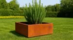 Der Pflanzkübel ohne Boden aus Cortenstahl Quadratisch 80cm x 80cm x H 30 cm Corten Frame 01, rostfarben und quadratisch, steht auf einem gepflegten grünen Rasen mit buschigem Rosmarin, umrahmt von Bäumen und Sträuchern, unter einem klaren blauen Himmel.
