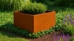 Ein Pflanzkübel ohne Boden aus Cortenstahl Quadratisch 100cm x 100cm x H 50 cm Corten Frame 04, rostfarben und gefüllt mit grünen Pflanzen, steht in einem Garten mit Efeurändern, lila Blumen in der Nähe und üppigem Grün im Hintergrund.