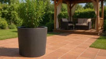 Ein großer, mattgrauer Aluminium-Pflanzkübel Rund 50cm x H 50cm SILVESTRO 4 jede RAL Farbe mit einer grünen Blattpflanze steht auf Terrakotta-Fliesen in einem sonnigen Garten, mit einem hölzernen Pavillon und gepolsterten Korbsitzen im Hintergrund.