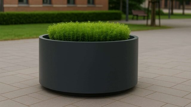 Ein Blumenkübel aus Aluminium Rund 140cm x H 80cm TIZIANO 25 jede RAL Farbe steht auf einer gepflasterten Fläche, gefüllt mit üppigem Grün, mit Gras, gestutzten Hecken, einer Bank, Bäumen und einem Backsteingebäude im Hintergrund.