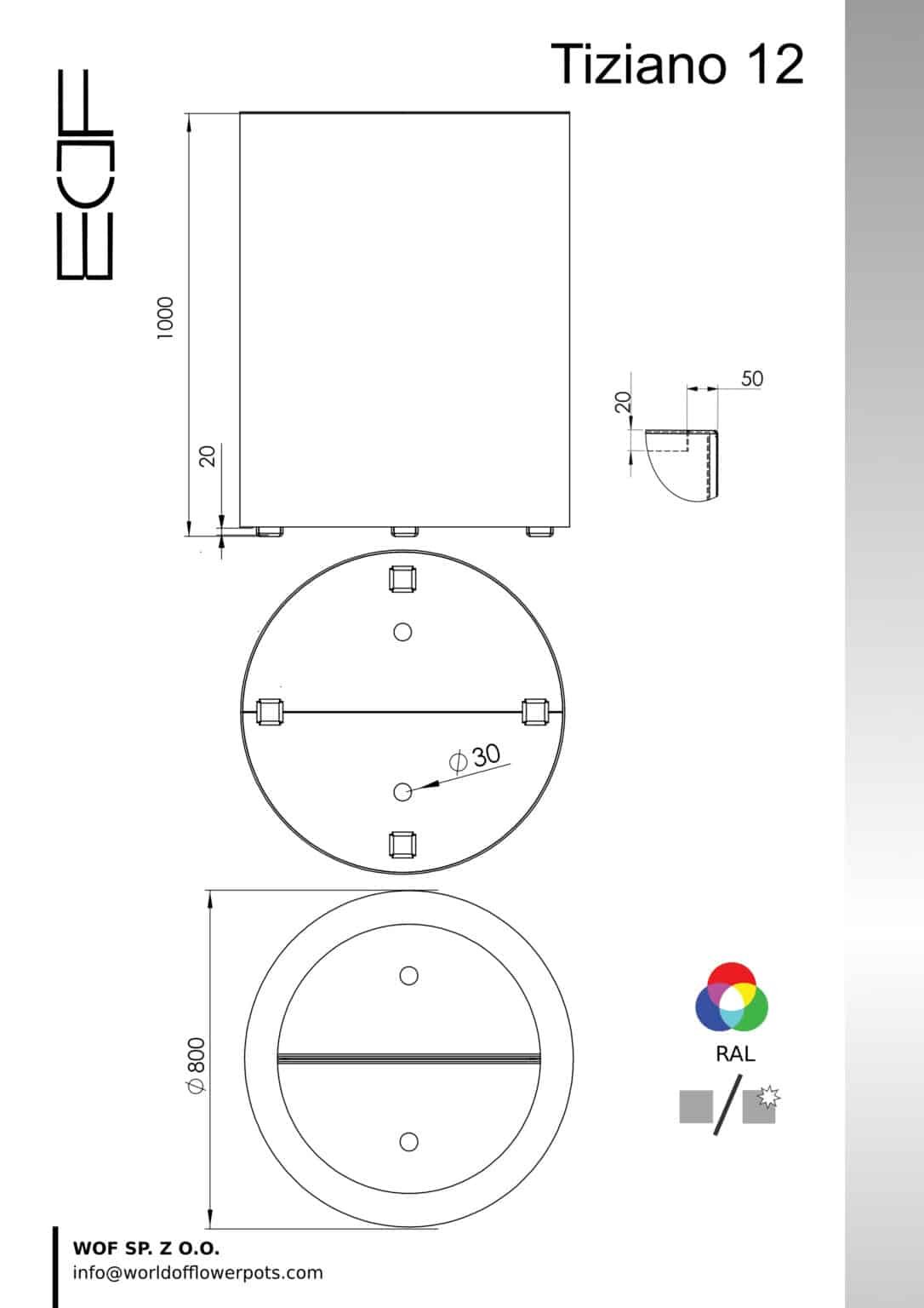 Technische Maßzeichnung des runden Pflanzgefäßes Tiziano 12 mit einem Durchmesser von 800 mm und einer Höhe von 1000 mm