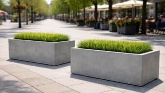 Die grauen Pflanztröge aus Beton messen 120 × 50 × 50 cm. Sie eignen sich ideal für öffentliche Wege und Fußgängerzonen. Bepflanzt mit 15 cm hoher, grüner Ziergras-Vegetation. Das schlichte Design wirkt modern und zeitlos. Mehrere Pflanztröge schaffen klare Strukturen im Stadtraum. Perfekt für sonnige Standorte und gepflegte Außenbereiche.