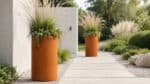 Pflanzgefäße in Cortenstahl-Optik mit Ziergräsern und grünen Pflanzen an einem hellen modernen Gartenweg