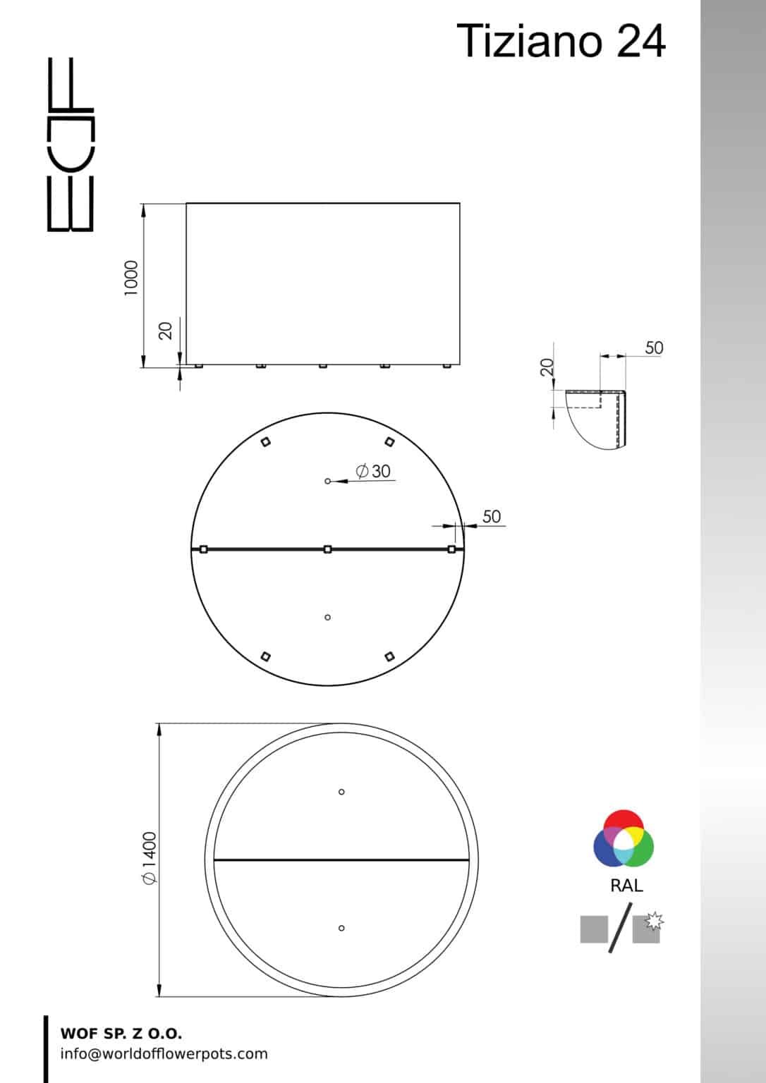 Technische Zeichnung des runden Pflanzgefäßes Tiziano 24 mit den Maßen Ø1400 × H1000 mm, inklusive Ansichten, Abmessungen und Konstruktionsdetails.