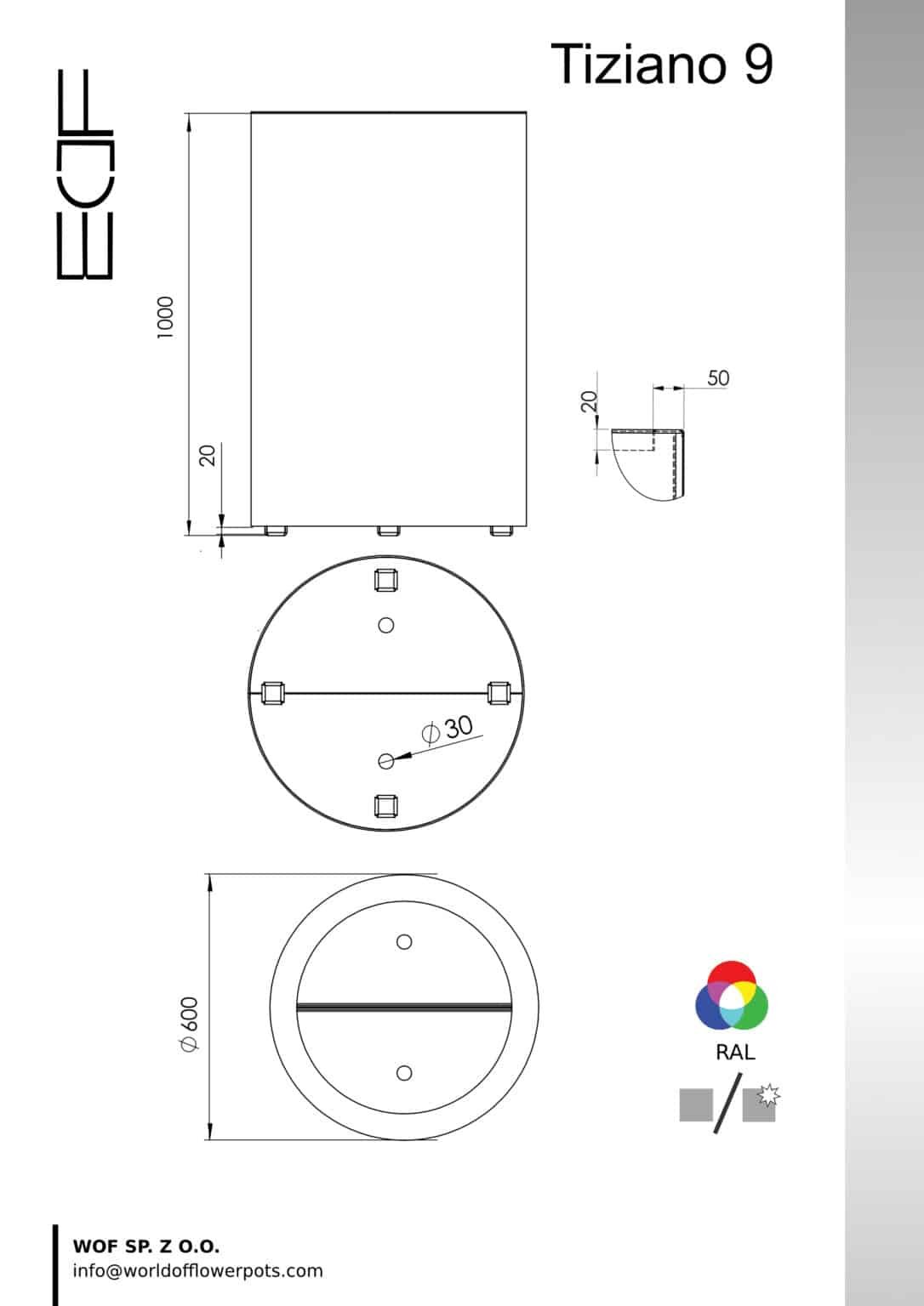 Technische Zeichnung des runden Pflanzgefäßes Tiziano 9 mit 600 mm Durchmesser und 1000 mm Höhe.