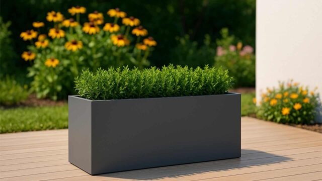 Pflanzkübel aus Aluminium Edoardo 20 im Garten, bepflanzt mit Buchsbaum, vor blühenden Blumen im Hintergrund