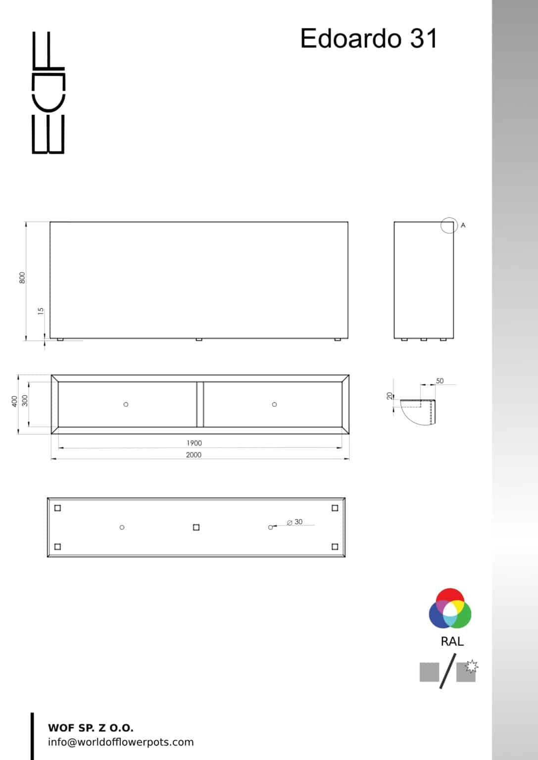Technische Zeichnung des Pflanzkübels aus Aluminium Rechteckig 200cm x 40cm x H 80cm EDOARDO 31 in beliebiger RAL-Farbe - Abmessungen, Seiten- und Frontansicht mit zwei Schnitten, Markenlogo, RAL-Optionen und WOF SP. Z.O.O. Kontaktinformationen auf einem weiß-grauen Farbverlauf.