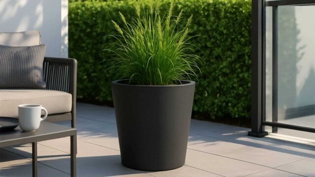 Ein Pflanzkübel aus Aluminium Silvestro 6 (Ø60cm x H80cm, jede RAL Farbe) mit hohem grünen Gras steht auf einer Terrasse mit hellen Fliesen in der Nähe einer üppigen Hecke, neben einem grau gepolsterten Sofa und einem Tisch mit einer weißen Tasse in dieser hellen, modernen Szene.
