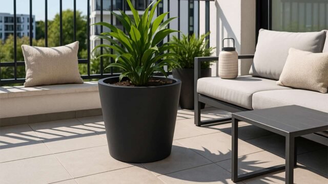 Ein moderner Balkon mit einer großen Grünpflanze im Silvestro 7 Aluminium Pflanzkübel (60 cm Ø x 60 cm H, beliebige RAL-Farbe) auf beigen Fliesen, mit einem grauen Outdoor-Sofa, neutralen Kissen, einem schwarzen Metall-Couchtisch, einer Laterne und einem schwarzen Geländer.