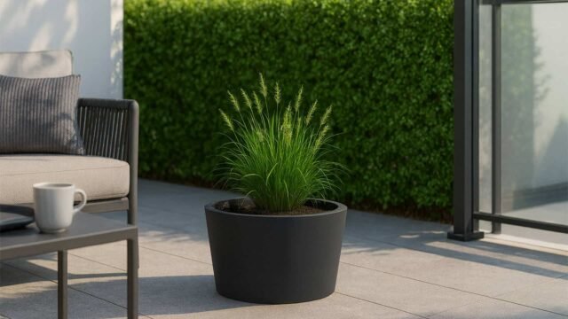 Auf einer modernen Terrasse steht der Silvestro 8 Pflanzkübel aus Aluminium (60cm Ø x 40cm H, jede RAL Farbe), der mit hohen grasartigen Pflanzen gefüllt ist. In der Nähe stehen ein graues Polstersofa, ein gestreiftes Kissen, ein Couchtisch mit einem weißen Becher und eine grüne Hecke hinter einem Glasgeländer.