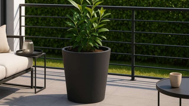 Eine üppig grüne Pflanze gedeiht im Pflanzkübel aus Aluminium Durchmesser 80cm x H 100cm Silvestro 9 jede RAL Farbe auf einer gefliesten Terrasse, neben einem modernen Sofa mit Kissen, einem kleinen Tisch mit Kerze und einem runden Tisch mit einer beigen Tasse.