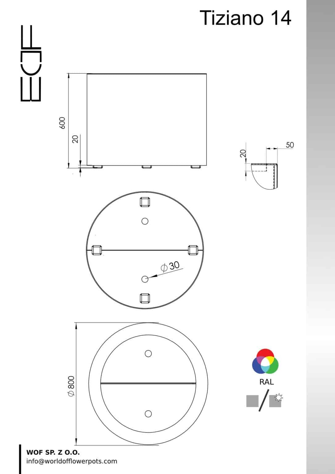 Maßzeichnung Pflanzkübel aus Aluminium Rund Tiziano 14, Durchmesser 80 cm, Höhe 60 cm, jede RAL-Farbe