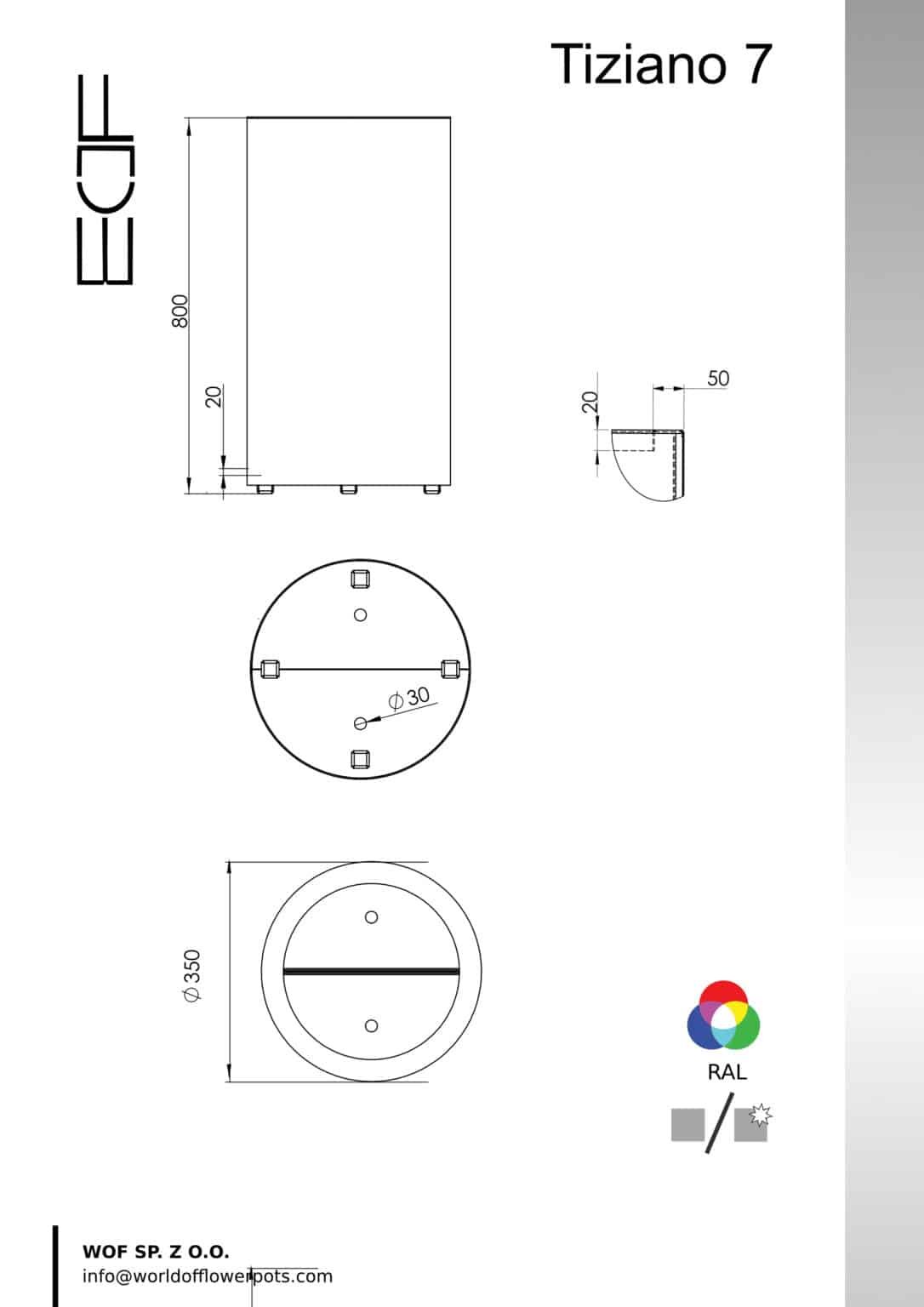 Technische Zeichnung des runden Pflanzgefäßes Tiziano 7 mit einer Höhe von 800 mm und einem Durchmesser von 350 mm. Seiten-, Drauf- und Detailansichten mit Maßangaben sowie Hinweis auf RAL-Farben .