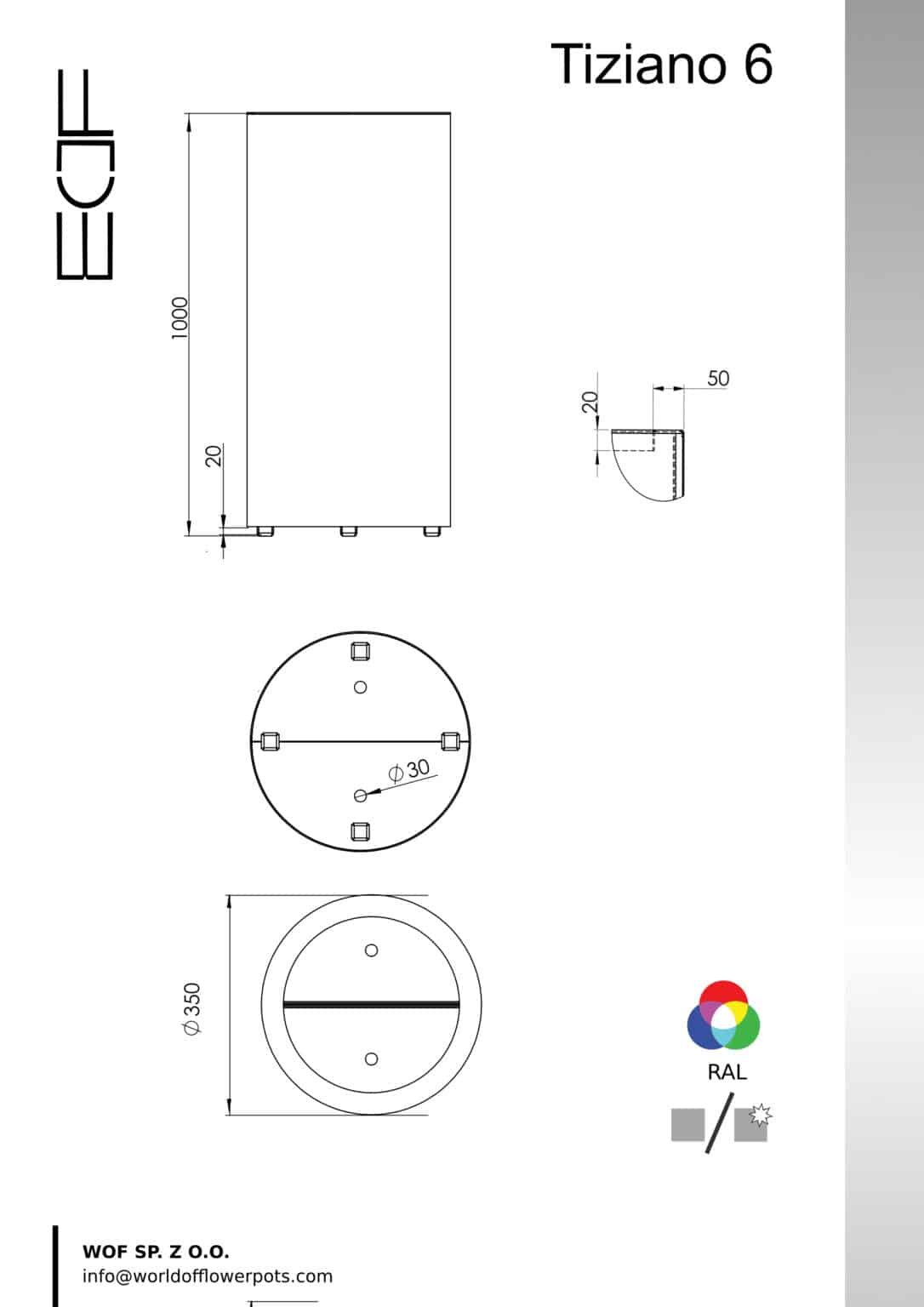 Technische Zeichnung des Pflanzgefäßes Tiziano 6 (Ø 350 mm, Höhe 1000 mm) mit Seiten-, Drauf- und Detailansichten.