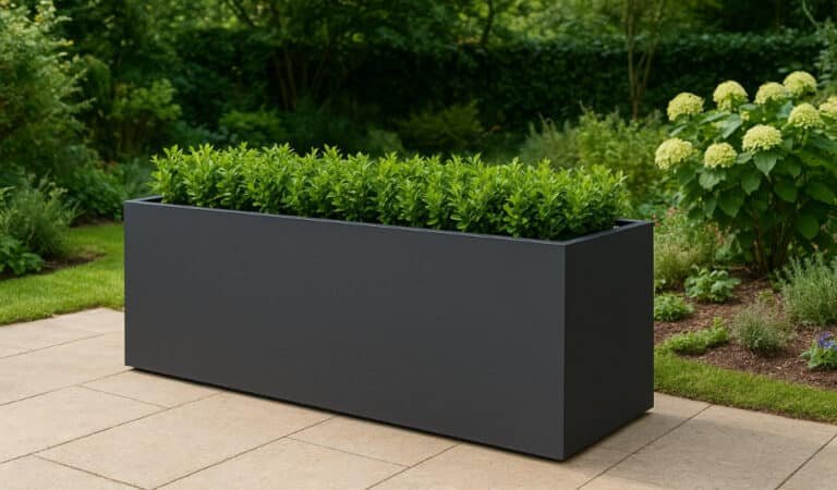 Anthrazitfarbener Pflanztrog mit grünen Pflanzen als stilvolles Gestaltungselement im Garten
