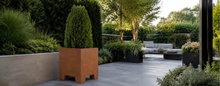 Cortenstahl-Pflanzkübel auf Füßen mit Thuja auf moderner Terrasse, umgeben von grünen Pflanzen und Bäumen
