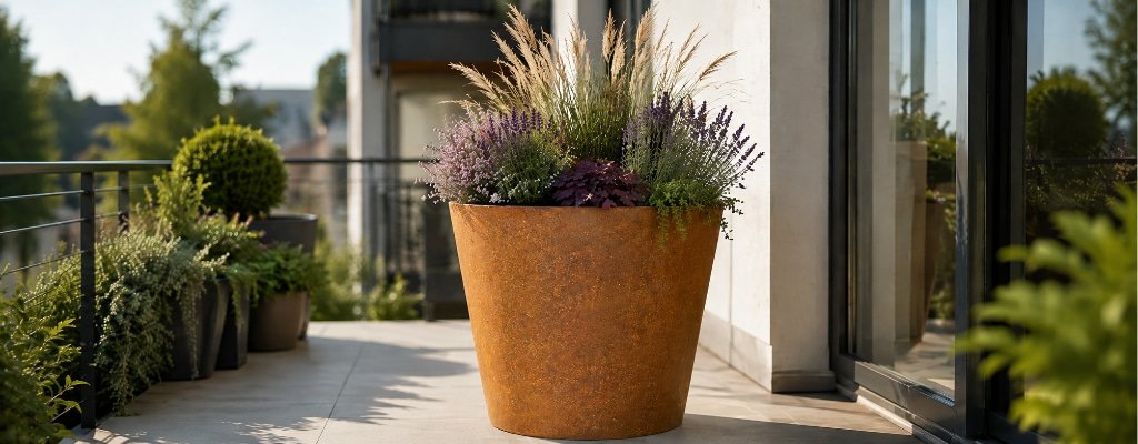 Runder Cortenstahl-Pflanzkübel mit Stauden und Ziergräsern auf einem modernen Balkon