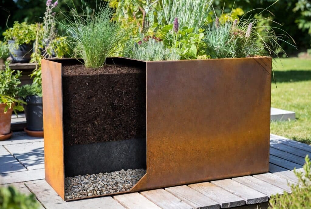 Cortenstahl-Pflanzkübel mit sichtbarem Querschnitt der Drainage im Pflanzkübel: Kies, Geotextil und Erde. Mit Ziergräsern auf der Terrasse.