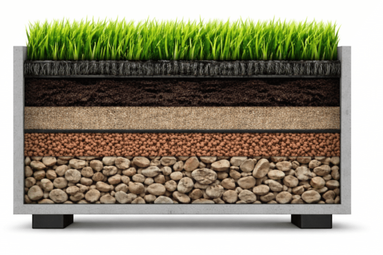 Drainage im Pflanzkübel: Querschnitt mit Kies, Blähton, Sand, Erde und grünem Gras oben.