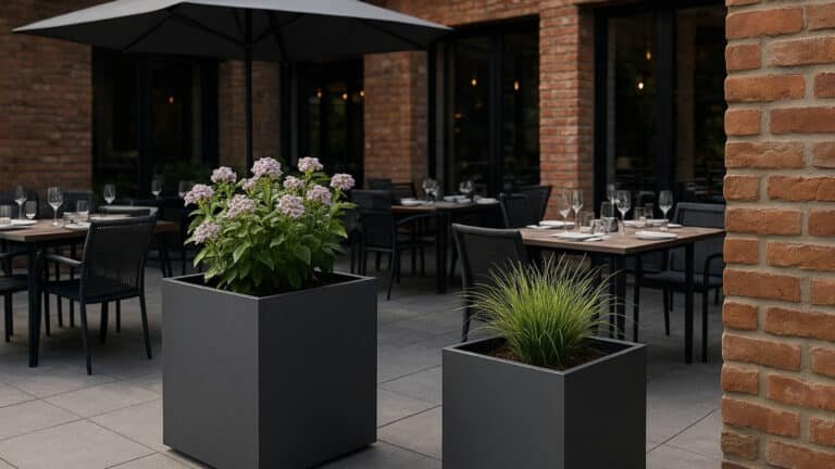 Elegante Aluminium-Pflanzkübel in einer modernen Gestaltung einer Restaurantterrasse
