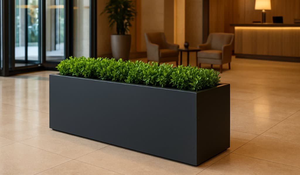 Eleganter anthrazitfarbener Pflanztrog mit grünen Pflanzen als stilvolles Highlight in der Hotellobby