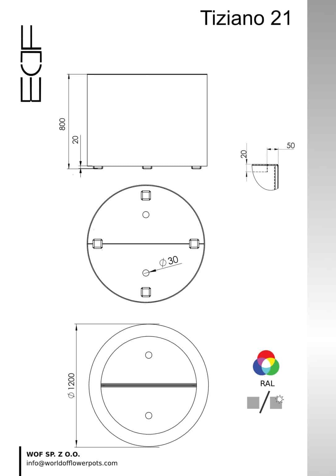 Zeichnung mit allen Maßen des Pflanzkübels aus Aluminium Rund Tiziano 21: ø120 cm, Höhe 80 cm, jede RAL-Farbe