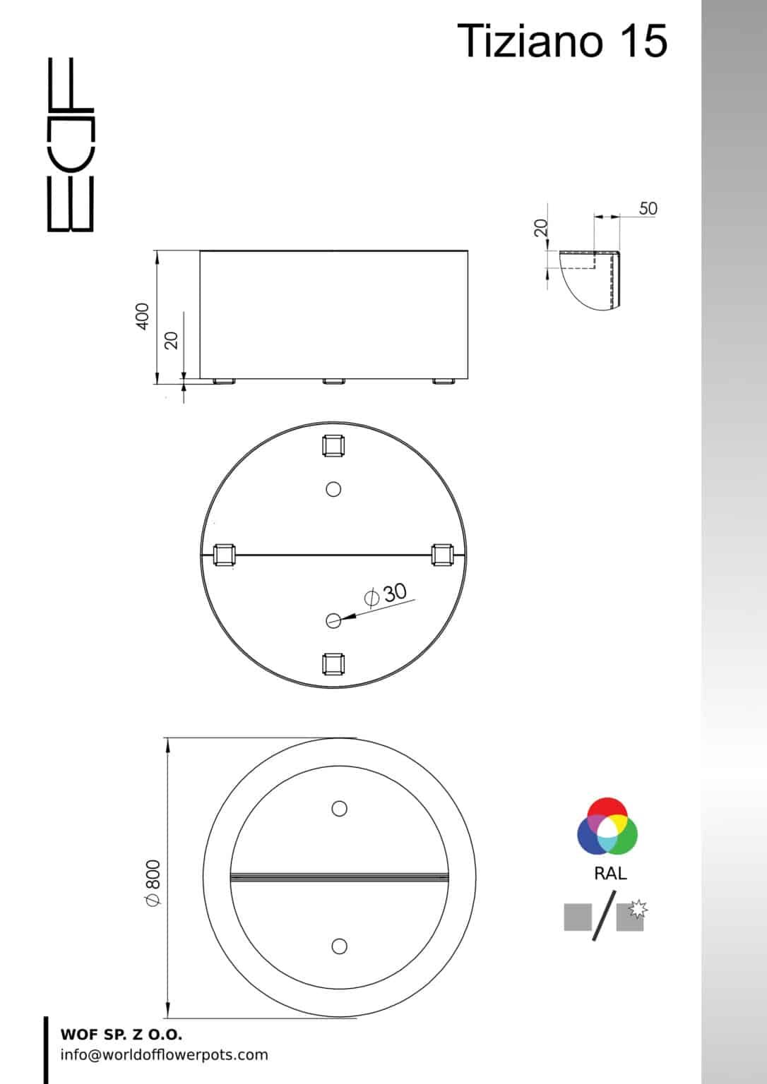 Technische Zeichnung des runden Pflanzkübels Tiziano 15 aus Aluminium mit den Maßen Ø800 × H400 mm, Standfüßen und 30-mm-Ablauföffnungen.