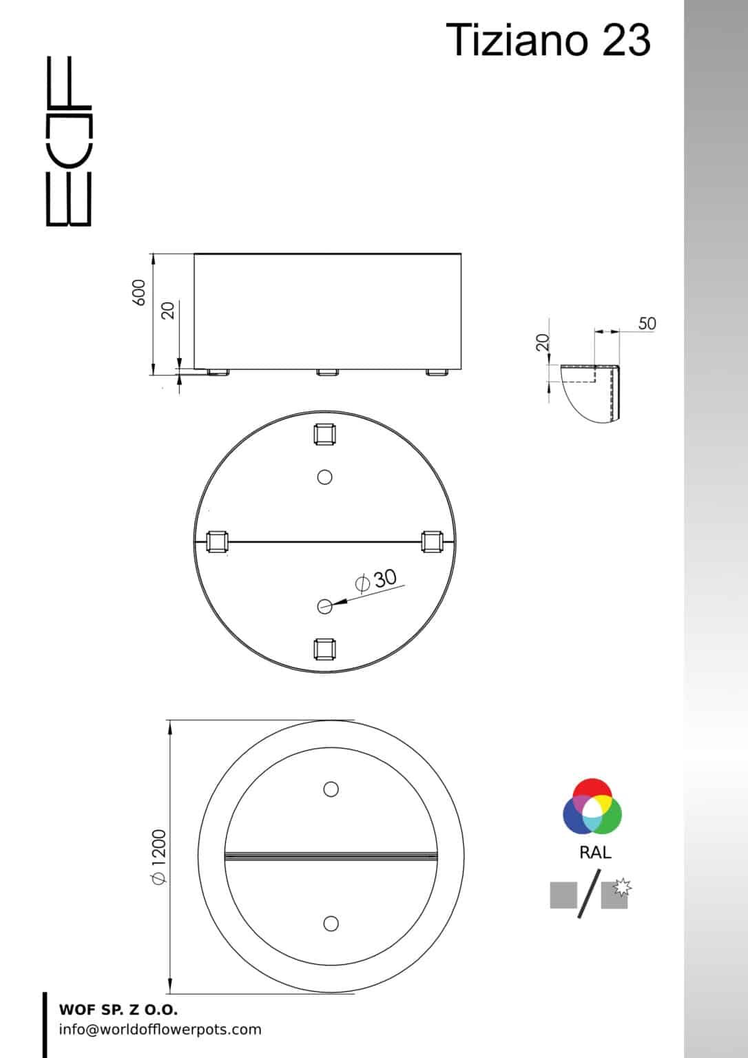 Skizze zeigt Pflanzkübel aus Aluminium Rund Tiziano 23 mit Durchmesser 120 cm und Höhe 60 cm, jede RAL-Farbe