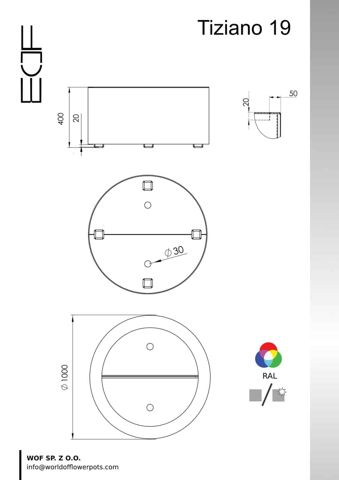 Maßzeichnung Pflanzkübel aus Aluminium Rund Tiziano 19, Durchmesser 100 cm, Höhe 40 cm, jede RAL-Farbe