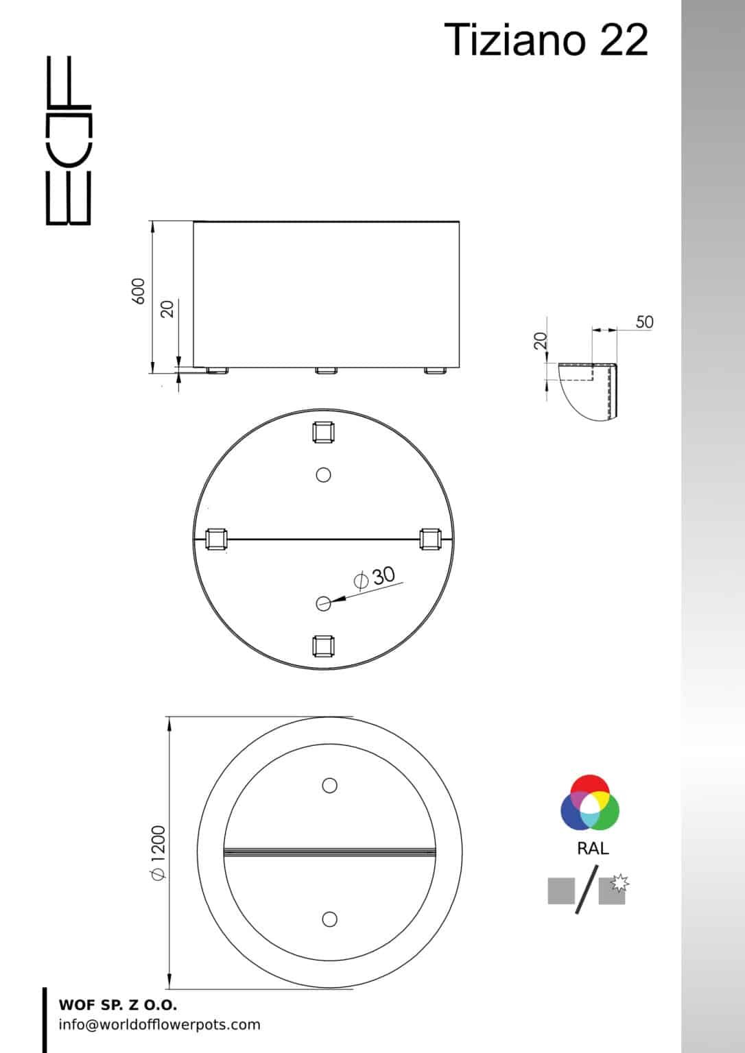 Der Pflanzkübel aus Aluminium Rund Tiziano 22 in seinen technischen Maßen: ø120 cm, Höhe 60 cm, jede RAL-Farbe