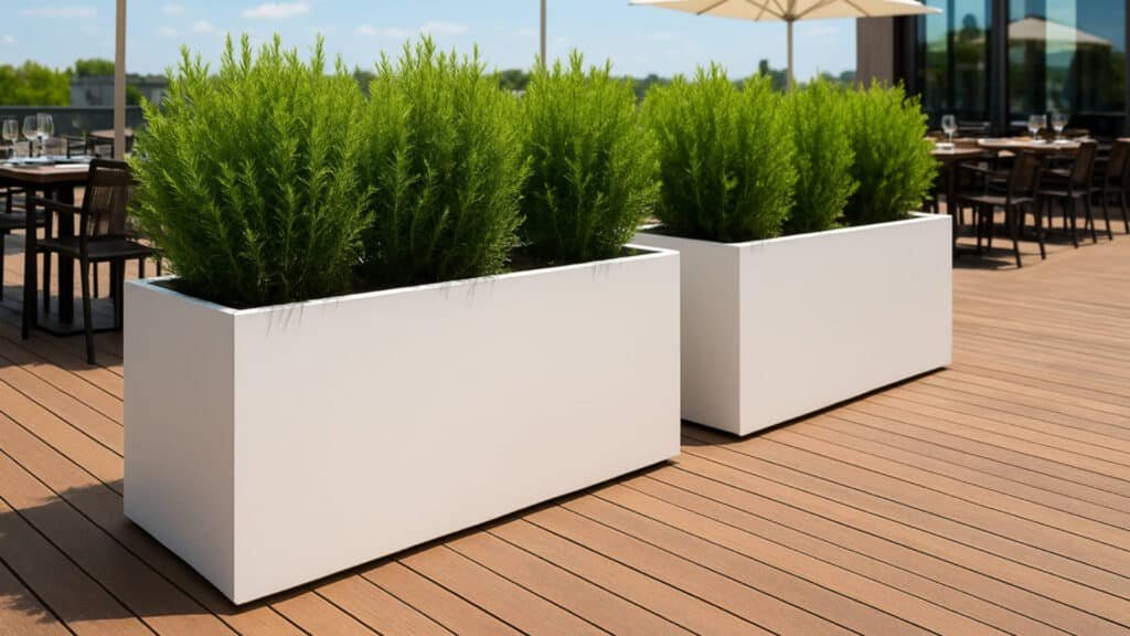 Zwei weiße Aluminium-Pflanztröge auf einer sonnigen Restaurantterrasse, gefüllt mit etwa 20 cm hoher grüner Bepflanzung.