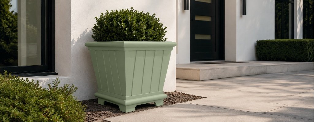 Fiberglas-Pflanzkübel in Salbeigrün neben dem Eingang eines modernen Hauses mit grüner Bepflanzung im Außenbereich