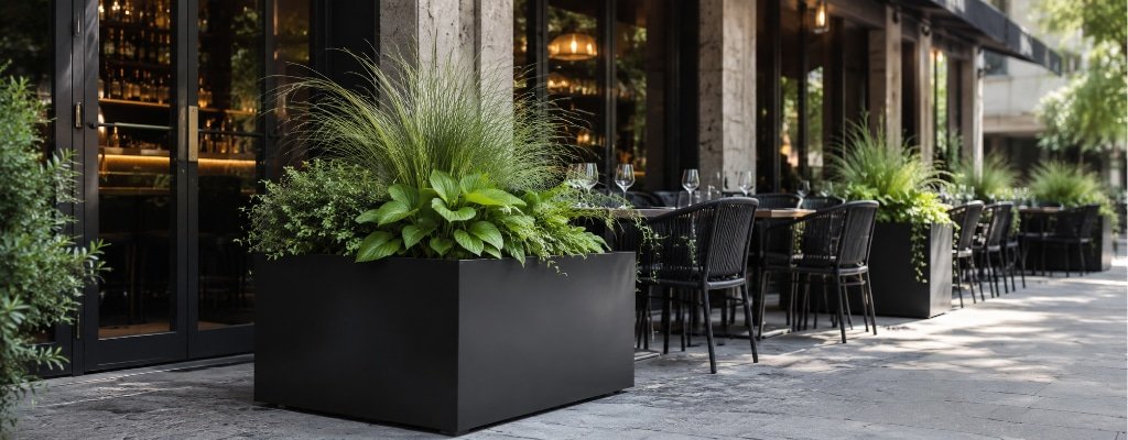Schwarzer Pflanzkübel aus Fiberglas mit grüner Bepflanzung vor einer Restaurantterrasse im Außenbereich