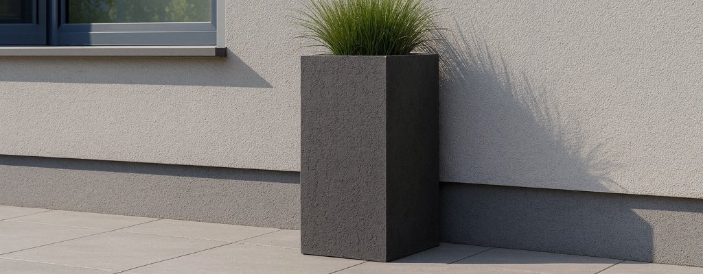 Ein hoher, rechteckiger Pflanzkübel in Betonoptik mit grüner, grasartiger Pflanze steht auf einer gefliesten Terrasse vor einer hellbeigen Stuckwand. Die Schatten der Pflanze erstrecken sich auf die Wand, und links ist ein Teil eines Fensters zu sehen.