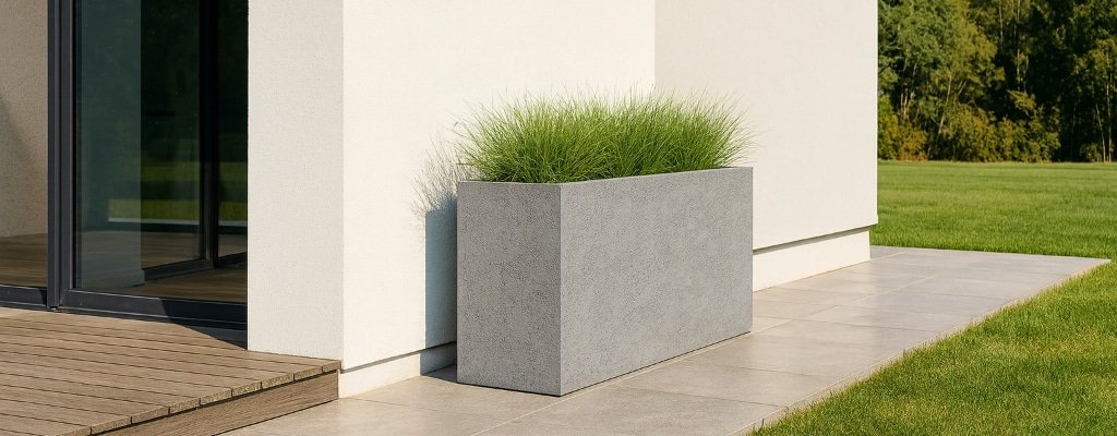 Ein großer rechteckiger Pflanzkübel in Betonoptik mit grünem Ziergras steht auf einer gefliesten Terrasse neben einem modernen Gebäude mit weißen Wänden, großen Glasfenstern, einer Holzterrasse zur Linken und einer Rasenfläche zur Rechten.