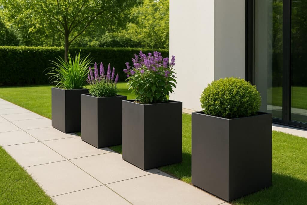 Vier schwarze quadratische Pflanzkübel mit verschiedenen Pflanzen stehen entlang eines hellen Gartenwegs neben einem modernen Haus.