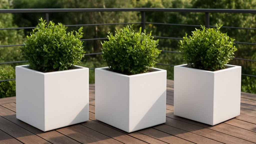 Pflanzkuebel in weiss mit Buchsbaum