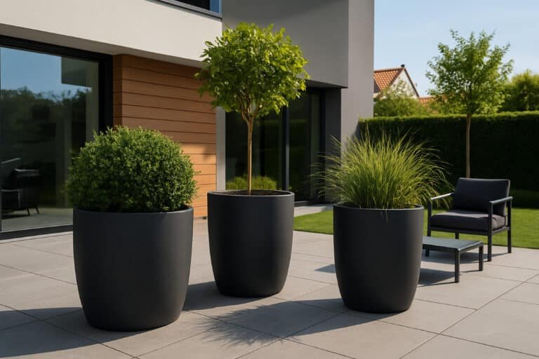 Drei große dunkelgraue Pflanzkübel mit Kugelstrauch, kleinem Baum und Ziergras auf einer modernen Terrasse